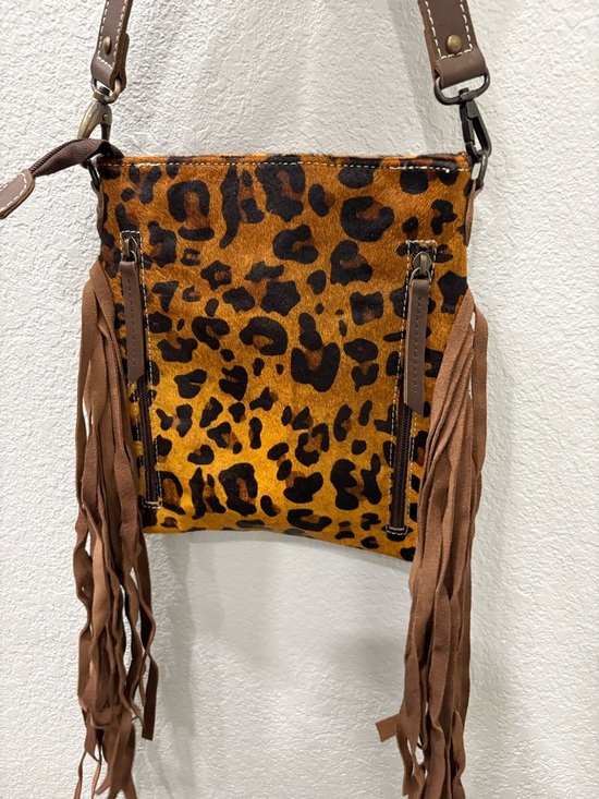 Leopard Print Fringe Crossbody Bag with Tooled Leather Accent - Picture 2 of 2